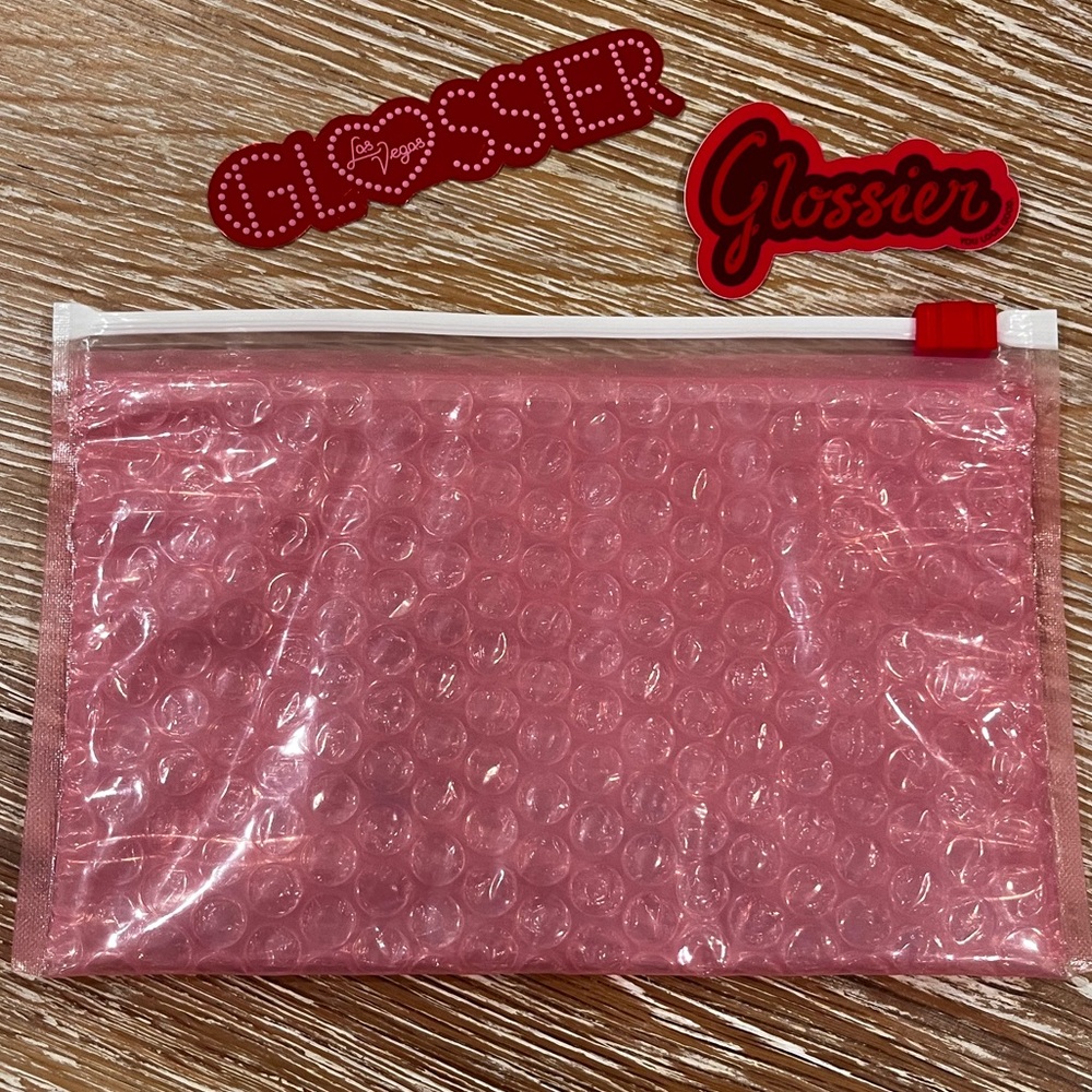 Glossier Las Vegas Pink Bubble Pouch + Stickers